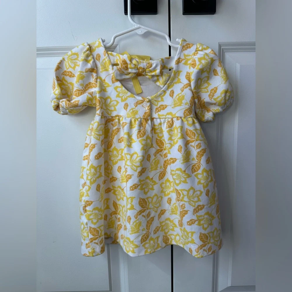 Janie and Jack Girls Floral Puff Sleeve Ponte Dress Yellow NWOT (12-18 Mo)